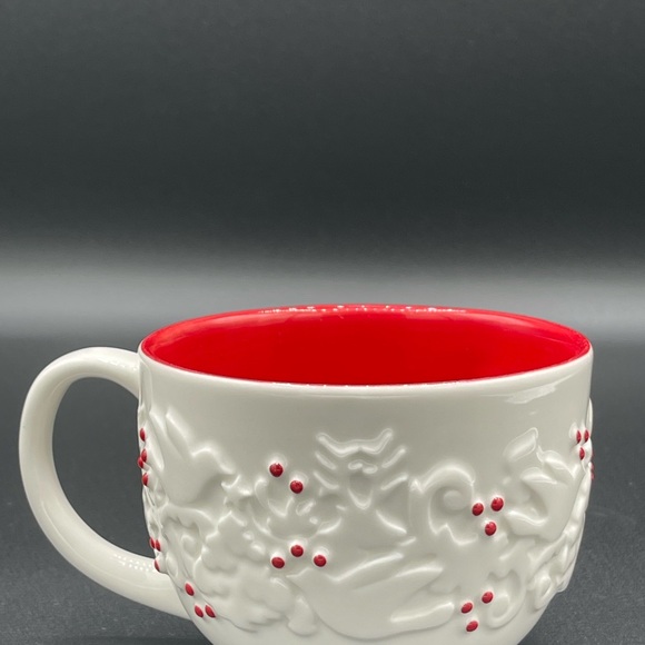 2008 Starbucks Christmas White Red Embossed Dove Tree Cappuccino Coffee Mug - Picture 3 of 6